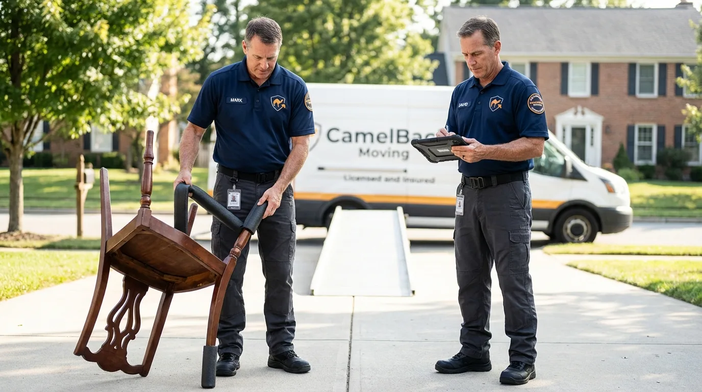 Movers inspecting furniture for damage prevention before loading in Luxora, AR