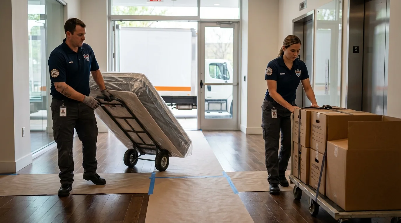 Professional apartment movers loading elevator in Luxora, AR